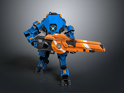 Blue And Orange Mech Robot Character With Large Orange Mechanical Weapon 3d model