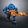 Blue And Orange Mech Robot Character With Large Orange Mechanical Weapon 3d model