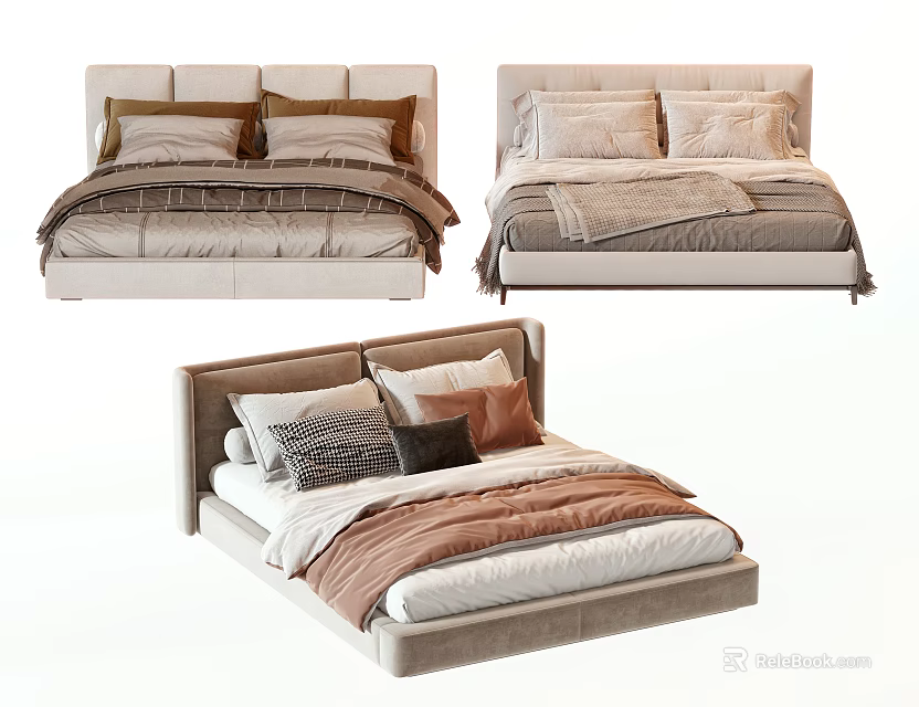 Modern Upholstered Double Bed Design With Neutral Tones Pillows And Throws 3d model
