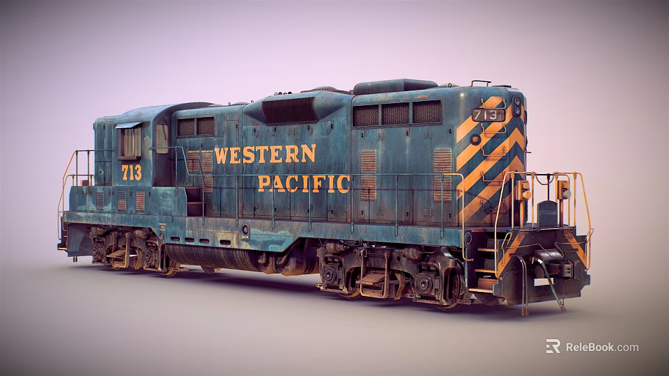 Vintage Western Pacific Train Locomotive With Blue Body And Yellow Stripes 3d model 