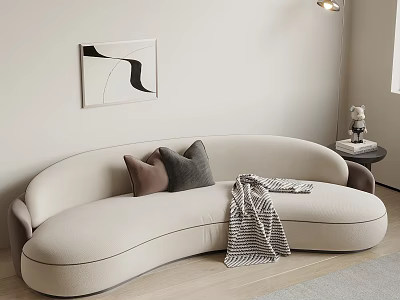 Beige Curved Sectional Sofa with Decorative Pillows and Striped Throw Blanket in Modern Living Room 3d model