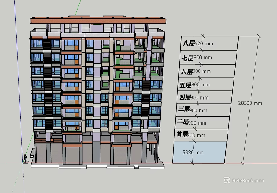 Seven Floor Residential Building Design With Floor Height Measurements And Total Dimensions 3d model 