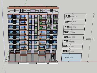 Seven Floor Residential Building Design With Floor Height Measurements And Total Dimensions 3d model