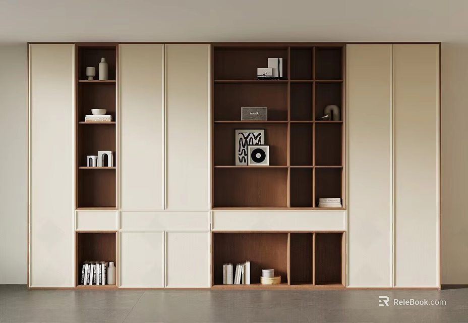 Modern Bookcase Design With Light Dark Wood Tones Open Closed Compartments And Decorative Items 3d model 