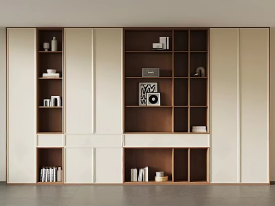 Modern Bookcase Design With Light Dark Wood Tones Open Closed Compartments And Decorative Items 3d model