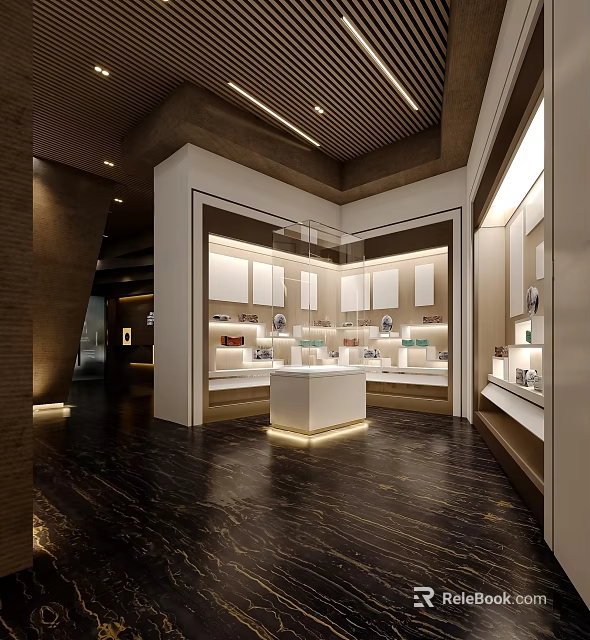 Elegant Modern Showroom Interior Design With White Display Cabinets Glass Cases And Lighting 3d model 