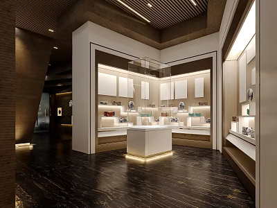Elegant Modern Showroom Interior Design With White Display Cabinets Glass Cases And Lighting 3d model