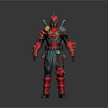 Game Movie Character Wearing Red Black Armor With Blue Accents And Dual Swords