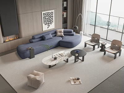 Modern Sectional Sofa Coffee Table Set in Bright Living Room with Floor to Ceiling Windows 3d model