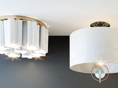Two Modern Ceiling Lights With White Shades And Gold Accents Illuminated 3d model