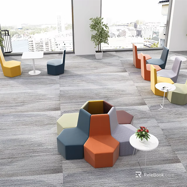 Colorful Hexagonal Public Chairs In Indoor Space With Small Tables Potted Plant And City View 3d model 