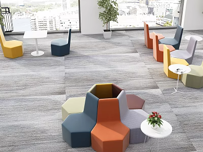 Colorful Hexagonal Public Chairs In Indoor Space With Small Tables Potted Plant And City View 3d model