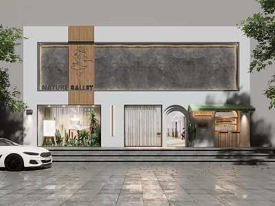 NATURE RALLY Storefront With Wooden Panel Gray Wall Arched Door Steps And Green Plants 3d model
