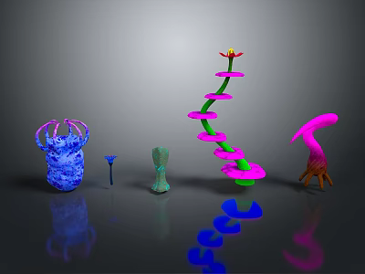 Colorful Abstract Plants With Spiral Design And Various Vibrant Flower Shapes 3d model