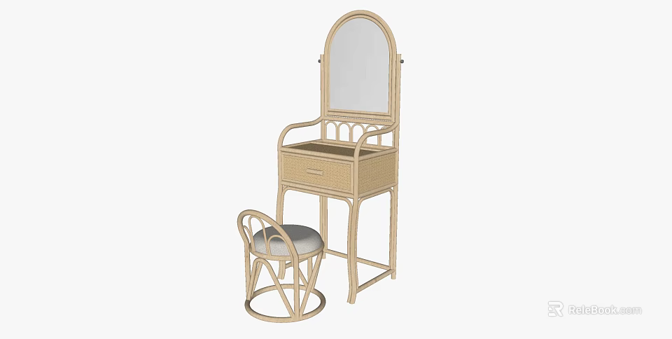 Natural Wicker Dressing Table with Oval Mirror Matching Stool and Gray Cushion 3d model 