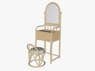 Natural Wicker Dressing Table with Oval Mirror Matching Stool and Gray Cushion 3d model