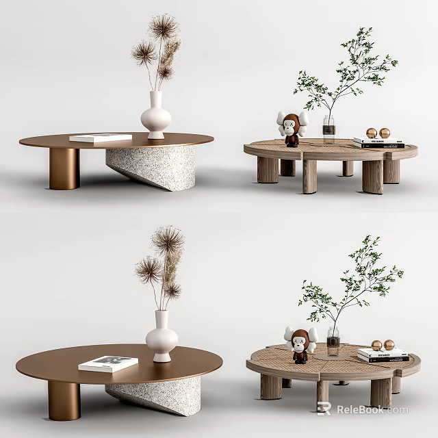 Stylish Modern Coffee Tables With Wooden Bases Vases Plants And Decorative Books 3d model 