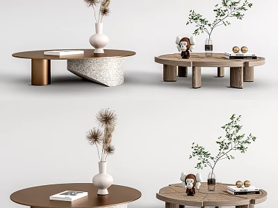Stylish Modern Coffee Tables With Wooden Bases Vases Plants And Decorative Books 3d model