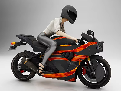 Stylish Sporty Motorcycle With Black And Orange Flame Design And Sleek Body 3d model
