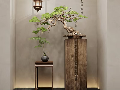 Traditional Chinese Bonsai Tree Display On Wooden Pedestal With Hanging Lantern And Vase 3d model