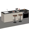 Modern Bar Counter Interior With Sink Bottles Plates Stools Cabinets And Oven