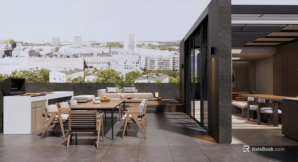 Modern Outdoor Terrace Table And Chair Set With City View And Open Design 3d model 