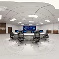 Modern Conference Room With Large Data Screen Multiple Control Desks And Chairs 3d model