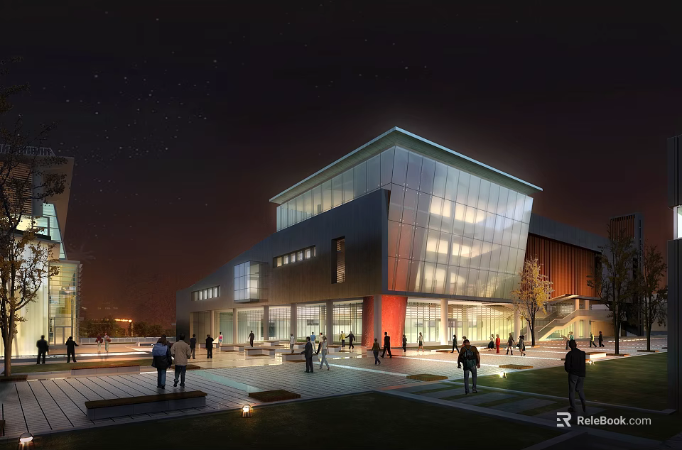 Modern Architectural Building With Glass Facade Illuminated At Night Public Plaza People Gathering 3d model 