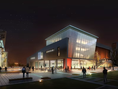 Modern Architectural Building With Glass Facade Illuminated At Night Public Plaza People Gathering 3d model