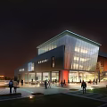 Modern Architectural Building With Glass Facade Illuminated At Night Public Plaza People Gathering