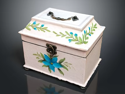 Decorative White Chest With Hand Painted Blue Flowers Green Leaves And Metal Lock 3d model