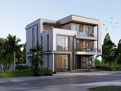Modern Detached Villa Exterior With Large Glass Windows Balconies And Surrounding Greenery 3d model