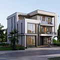 Modern Detached Villa Exterior With Large Glass Windows Balconies And Surrounding Greenery