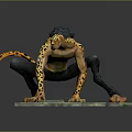 Humanoid Leopard With Yellow Spotted Fur Black Pants Blue Arm Tattoo Crouching On Stone Platform