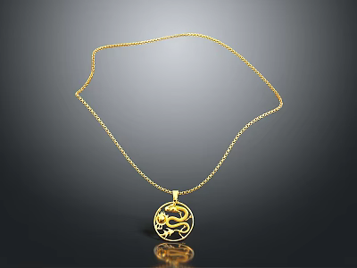 Elegant Gold Necklace With Circular Pendant Featuring Intricate Dragon Design For Women 3d model