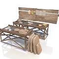 Wooden Dining Table With Glass Top And Wooden Stools Against Wooden Wall Panel