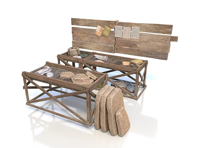 Wooden Dining Table With Glass Top And Wooden Stools Against Wooden Wall Panel 3d model