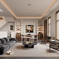 Modern Living Room Interior With Gray Sofa Black Coffee Table Wooden Chairs Decorative Painting And Window Blinds