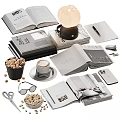 Decorative Ornament Set With Open Books Table Lamp Coffee Cup Glasses And Pen