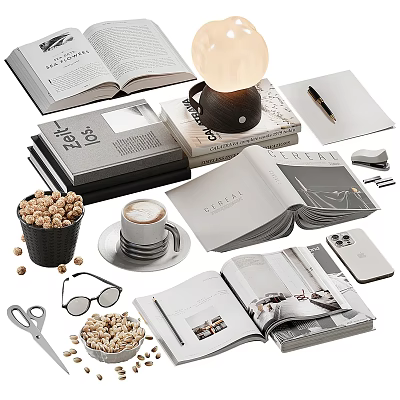 Decorative Ornament Set With Open Books Table Lamp Coffee Cup Glasses And Pen 3d model