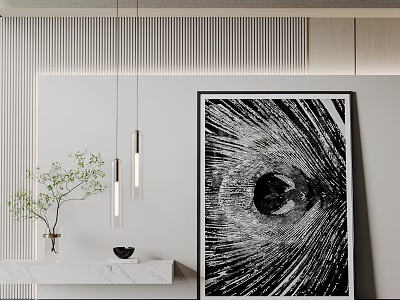 Modern Minimalist Interior With Abstract Painting Marble Countertop Green Plant And Hanging Lamps 3d model