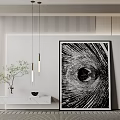 Modern Minimalist Interior With Abstract Painting Marble Countertop Green Plant And Hanging Lamps