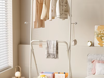 Cozy Bedroom Clothes Rack With Hanging Clothes Scarf And Room Decor Blinds 3d model