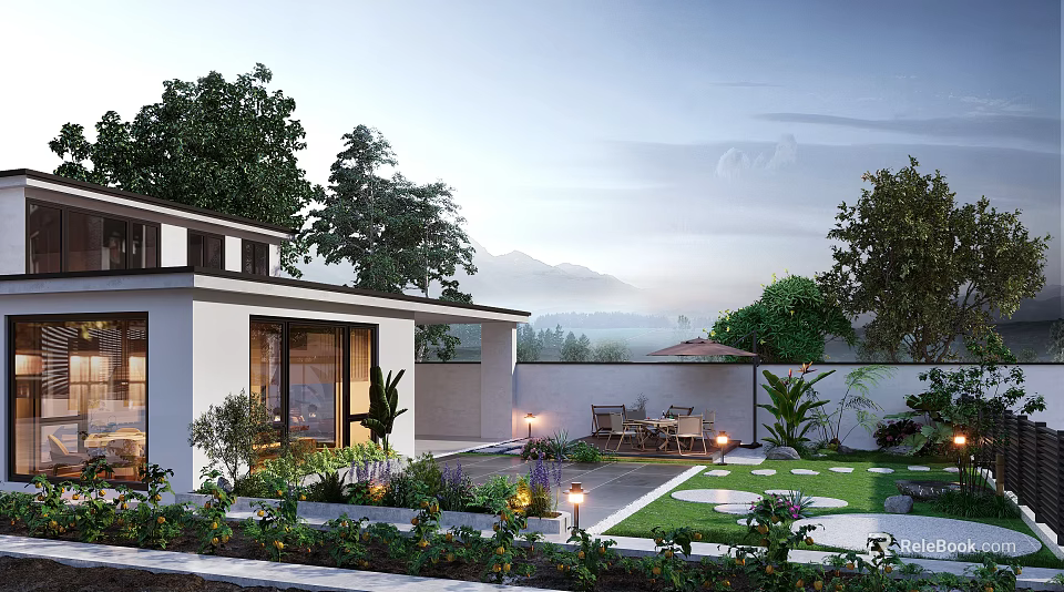 Modern Garden With Outdoor Furniture Lush Greenery Stone Pathway And Ambient Lighting 3d model 