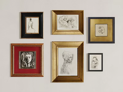 Various Framed Artworks With Sketches And Paintings On White Wall 3d model
