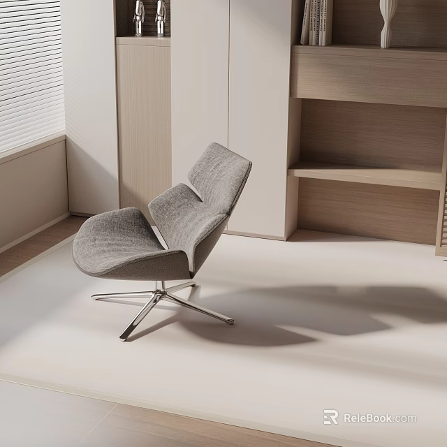 Gray Curved Accent Chair With Metal Base In Modern Minimalist Interior With Wooden Shelves 3d model 