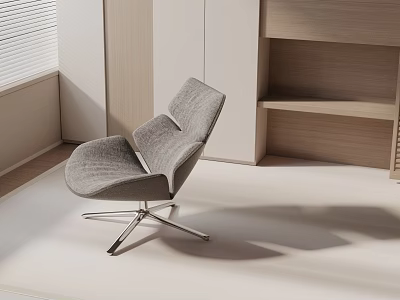Gray Curved Accent Chair With Metal Base In Modern Minimalist Interior With Wooden Shelves 3d model