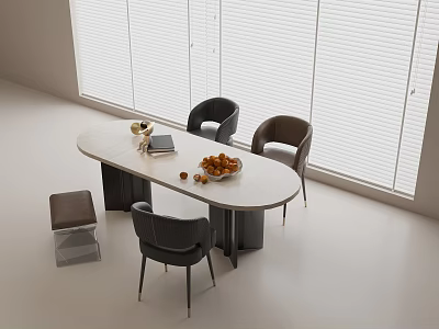 Modern Oval Table and Chairs Set With Dark Gray Seats Marble Top Bright Window Blinds 3d model