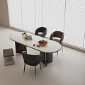 Modern Oval Table and Chairs Set With Dark Gray Seats Marble Top Bright Window Blinds