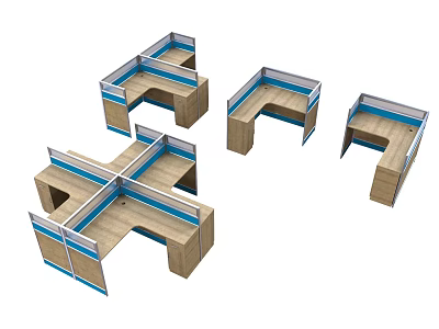Modern Office Work Desks With Various Layouts And Wooden Partition Design 3d model